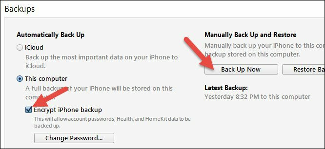 copia de seguridad de iOS encriptada de iTunes