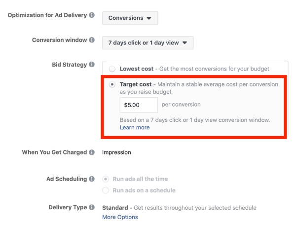 Consejos para reducir los costos de sus anuncios de Facebook, opción para establecer una estrategia de oferta para el costo objetivo