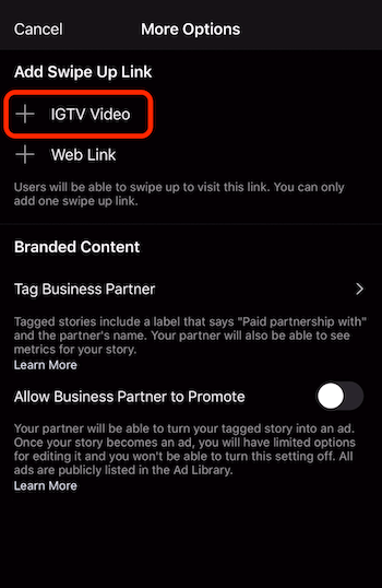 opción para agregar un enlace deslizante hacia arriba al video IGTV