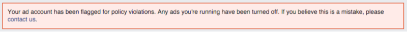 Mensaje en pantalla de anuncios de Facebook: su cuenta ha sido marcada por infracciones de la política