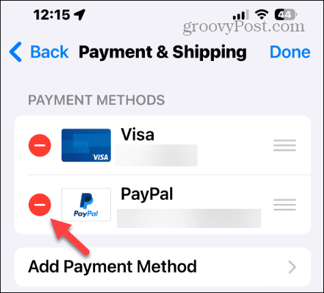 eliminar método de pago en iphone