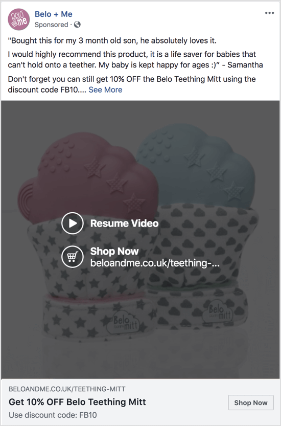 Este anuncio de Facebook utiliza un video de presentación de diapositivas para promover un descuento en un producto específico.