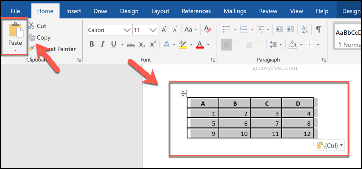 Celdas pegadas de una hoja de cálculo de Excel, que se muestra como una tabla en Word
