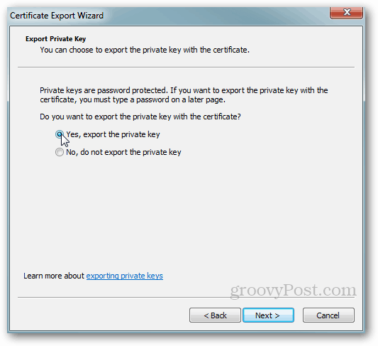 Exportar certificado de Windows - Clave privada Sí