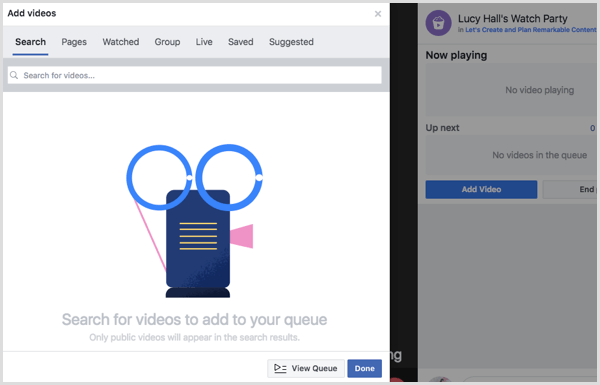 Elija una fuente para agregar videos a la cola de su fiesta de observación de Facebook.