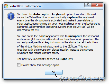 Advertencia de VirtualBox Windows 8 en el teclado