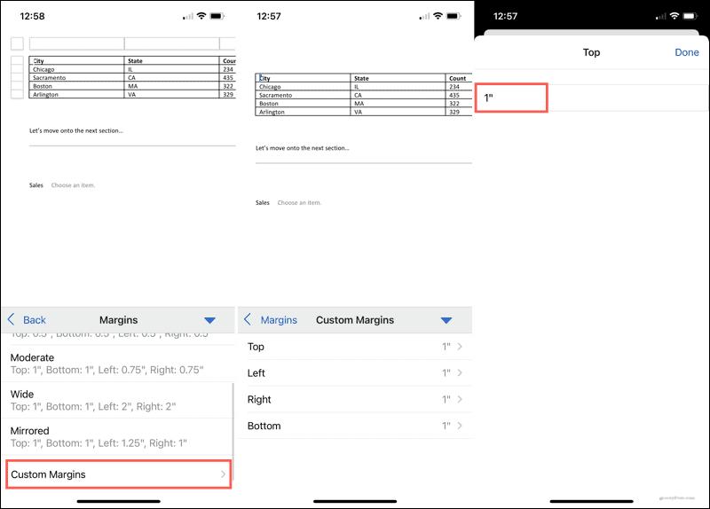 Márgenes personalizados en Word en dispositivos móviles