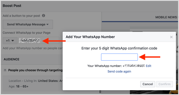 Ingrese el código de confirmación que recibió por SMS para conectar su cuenta de WhatsApp Business con Facebook.
