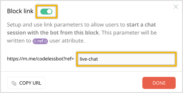Opción ChatFuel Block Link