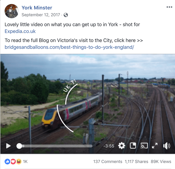 Ejemplo de publicación de Facebook con información turística de York Minster.