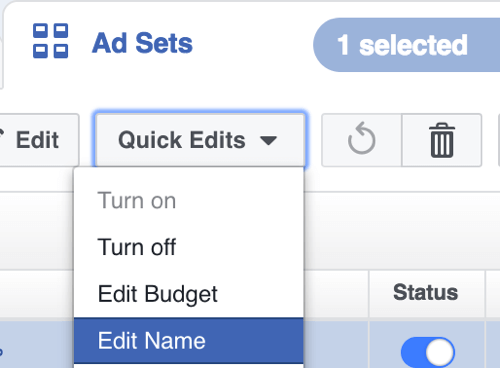 En Facebook Power Editor, seleccione Editar nombre en el menú desplegable Ediciones rápidas.