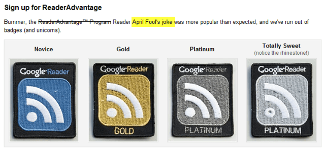 Insignia de ventaja de Google Reader 2010 April Fools Reader Advantage