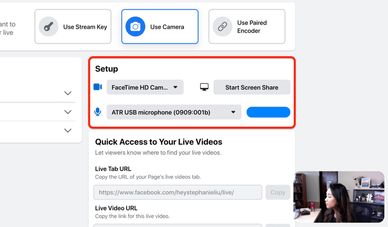 Opción de configuración de transmisión en vivo de Facebook para seleccionar su cámara y micrófono y / o compartir pantalla