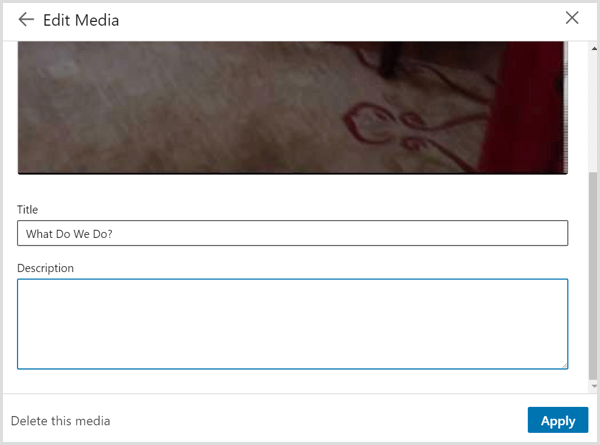 El cuadro de diálogo Editar medios que ve cuando vincula a un video en su perfil de LinkedIn