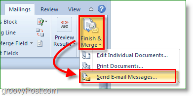 Captura de pantalla de Outlook 2010: finalizar, fusionar y enviar mensajes de correo electrónico