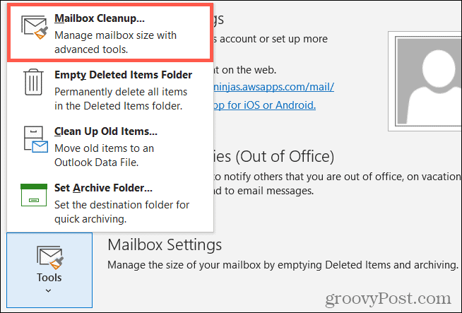Herramientas, limpieza de buzones de correo en Outlook