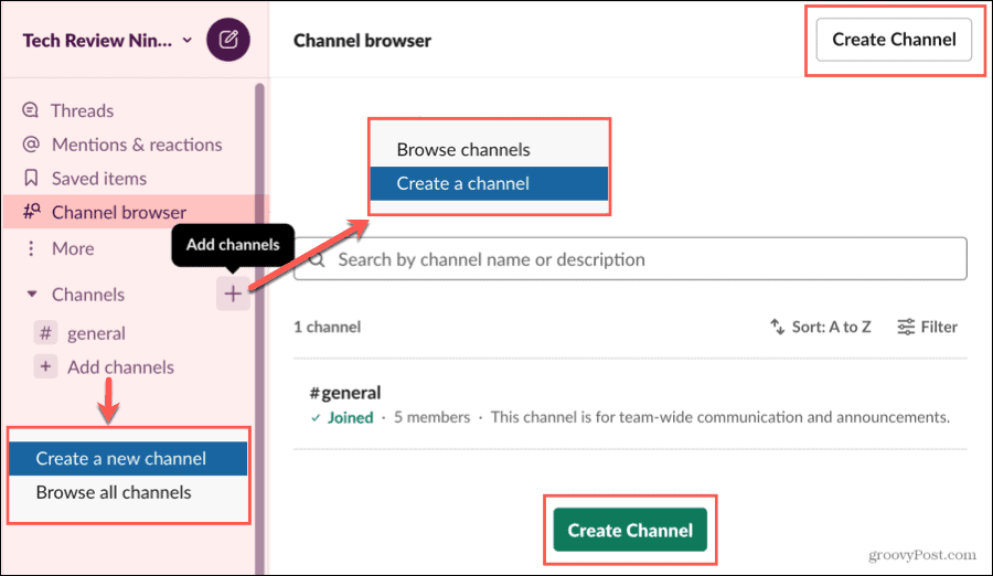 Crear un canal en el navegador de canales de Slack