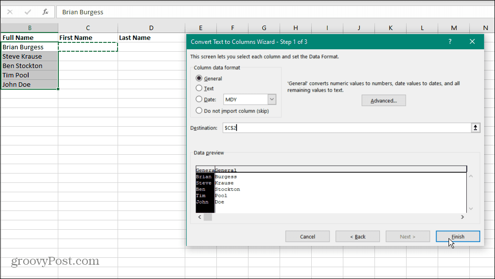 Nombres separados en Excel