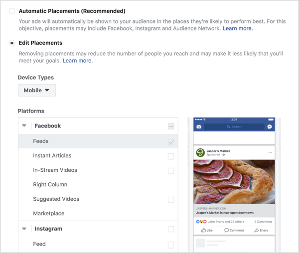 Seleccione ubicaciones para un anuncio de participación de Facebook.