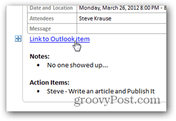 Haga clic en Vincular al elemento del calendario de Outlook