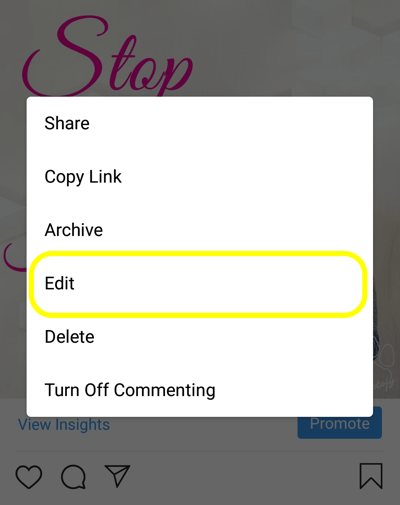 Cómo agregar texto alternativo a las publicaciones de Instagram, paso 5, opción de edición de publicación. 