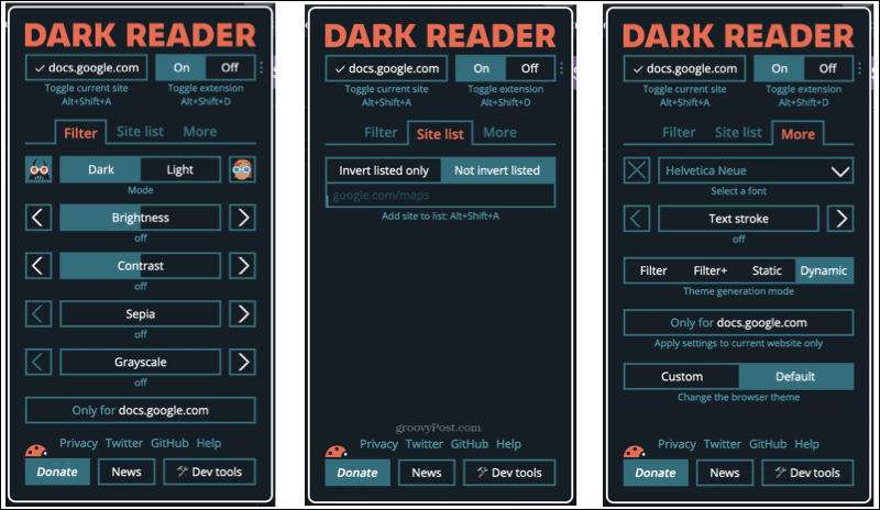 Complemento Dark Reader en Firefox
