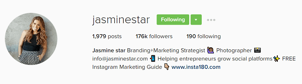 La biografía del perfil de Instagram de Jasmine Star muestra su valor.