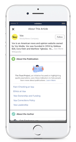 Facebook comenzará a mostrar indicadores de confianza de nuevos editores para los artículos compartidos en las noticias.