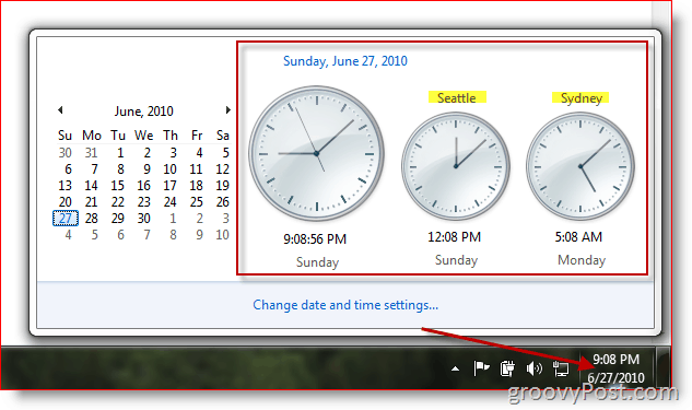 Microsoft Windows 7 que muestra relojes adicionales en diferentes zonas horarias