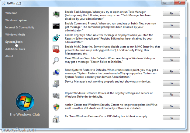 Captura de pantalla de arreglos de FixWin System Tools